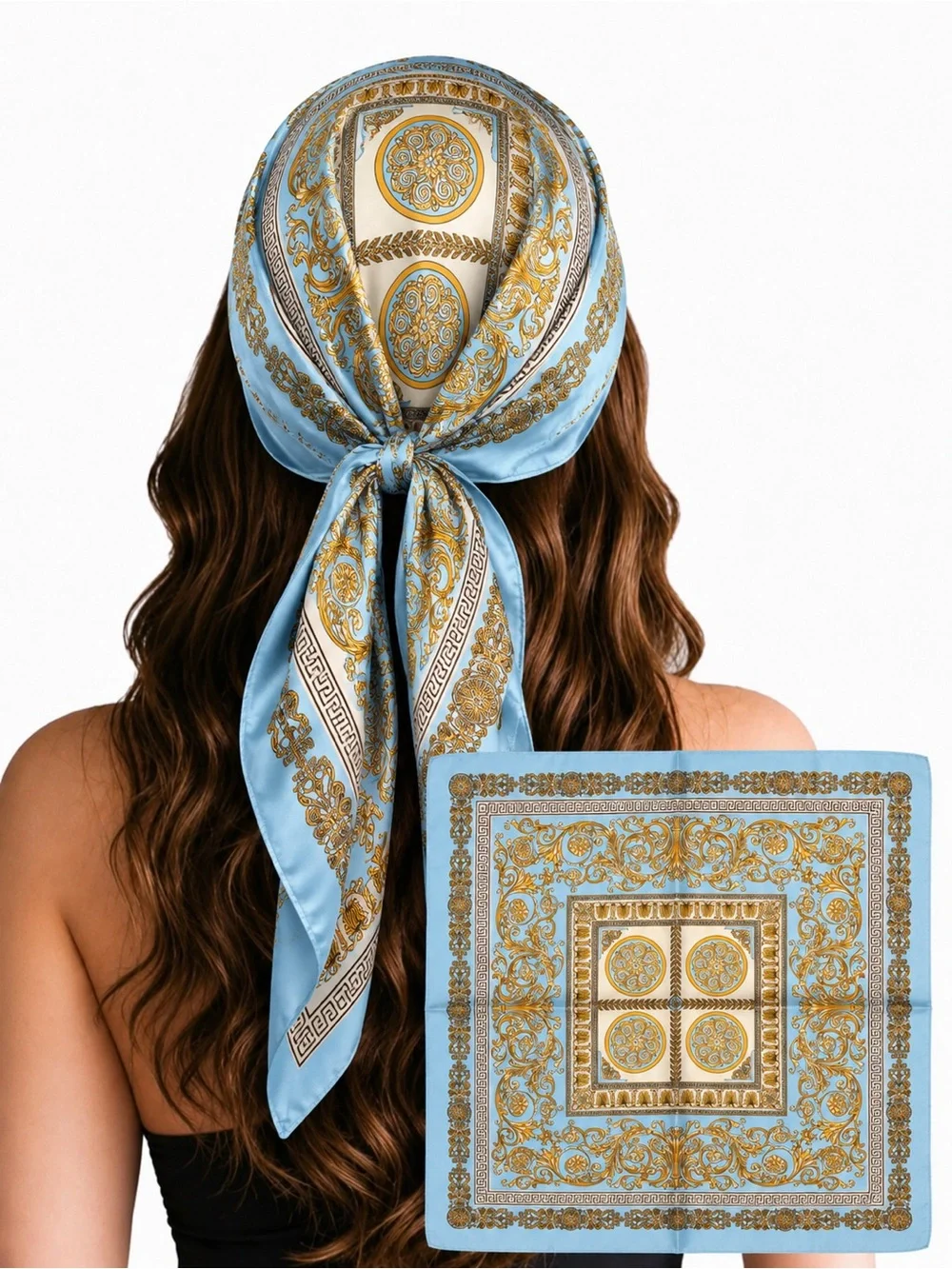 Blue and Gold Ornate Silk-Feel Headscarf